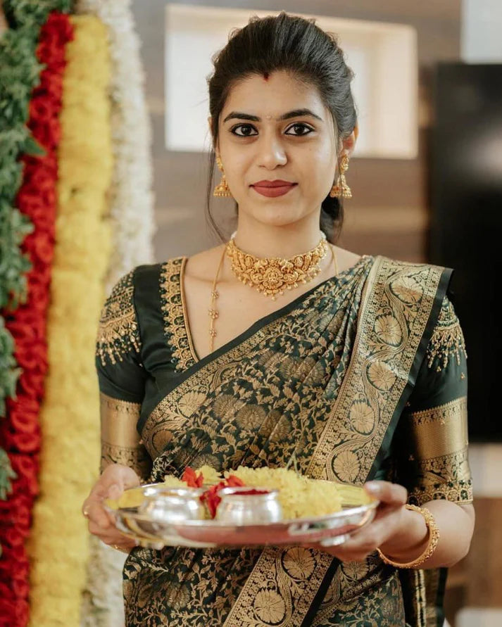 Aaradhya Green Kanchipuram silk sari With Suitable Attached Blouse