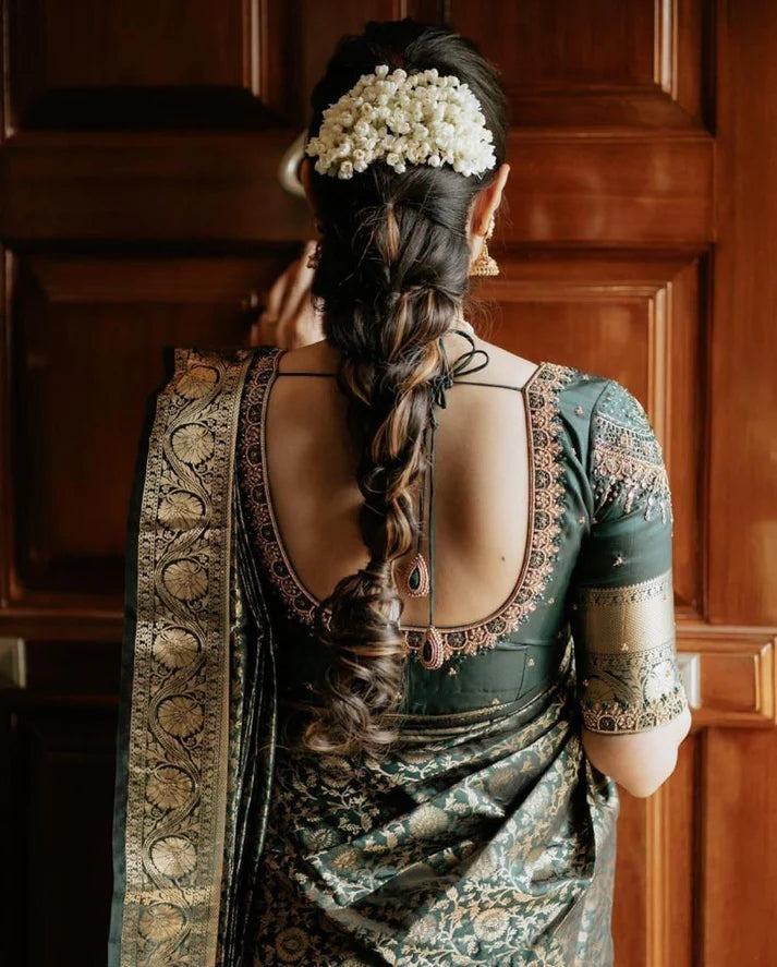 Aaradhya Green Kanchipuram silk sari With Suitable Attached Blouse