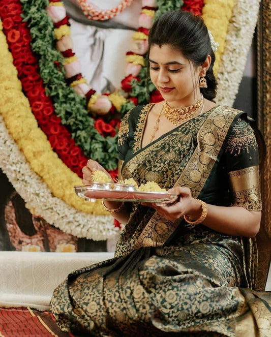 Aaradhya Green Kanchipuram silk sari With Suitable Attached Blouse