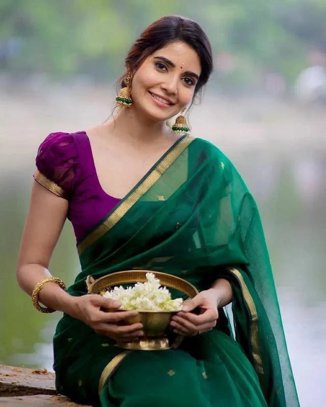 Stuti Green-Purple Cotton Silk Saree With Eyecatching Blouse Piece
