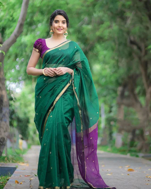 Stuti Green-Purple Cotton Silk Saree With Eyecatching Blouse Piece