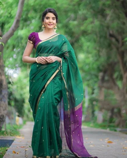 Stuti Green-Purple Cotton Silk Saree With Eyecatching Blouse Piece