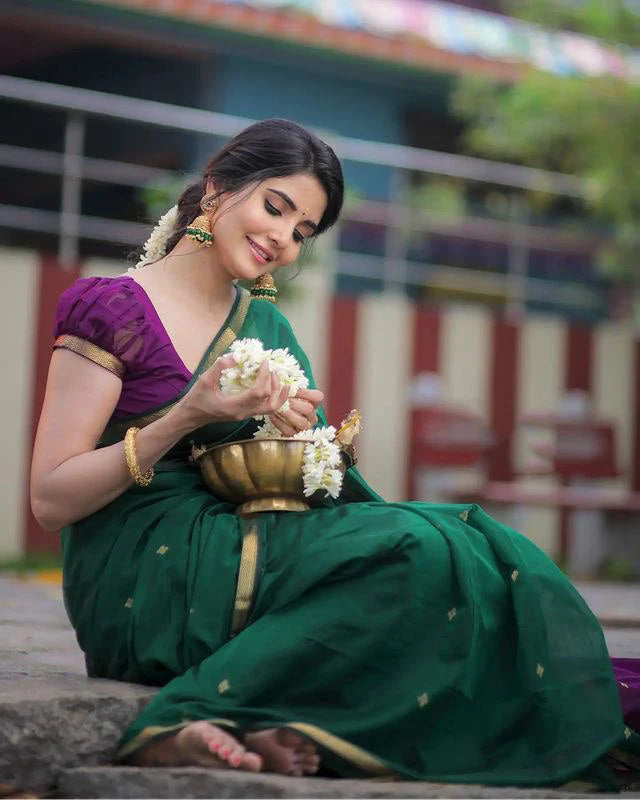 Stuti Green-Purple Cotton Silk Saree With Eyecatching Blouse Piece