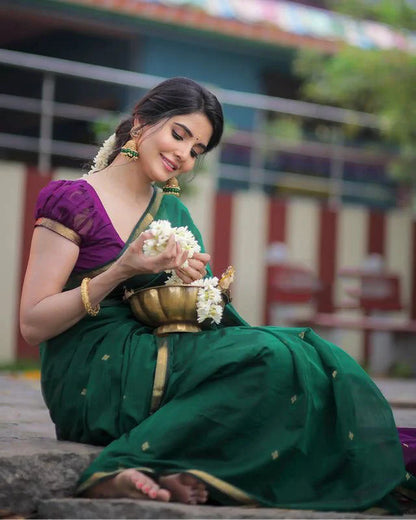 Stuti Green-Purple Cotton Silk Saree With Eyecatching Blouse Piece