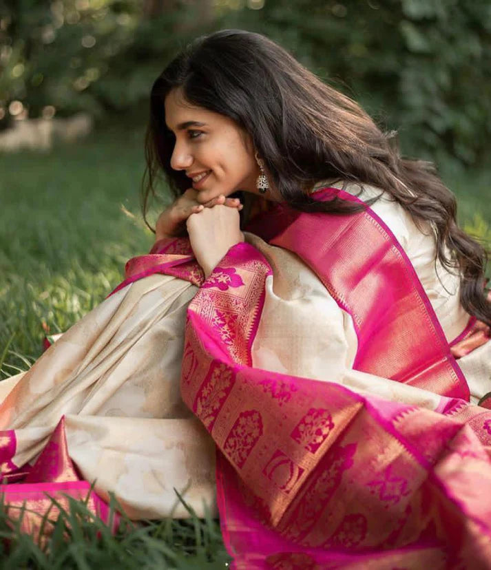 Abhilasha White Pink Banarasi Silk Saree With Memmorable Blouse Piece
