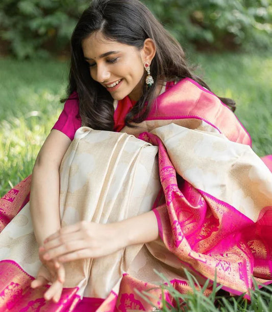 Abhilasha White Pink Banarasi Silk Saree With Memmorable Blouse Piece
