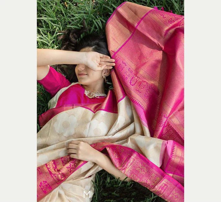 Abhilasha White Pink Banarasi Silk Saree With Memmorable Blouse Piece
