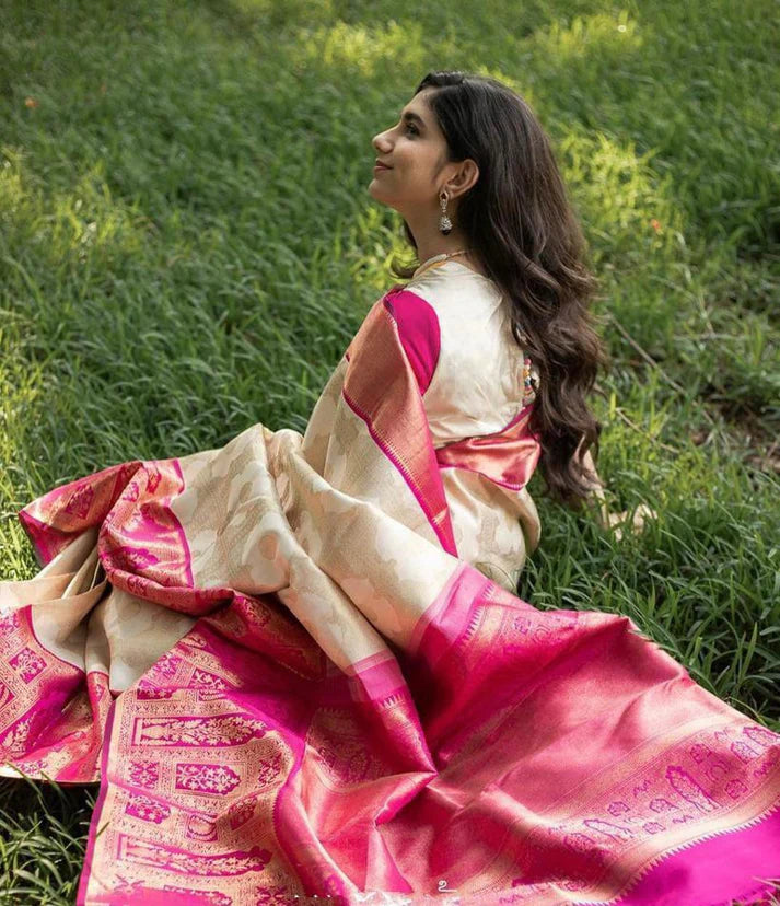Abhilasha White Pink Banarasi Silk Saree With Memmorable Blouse Piece