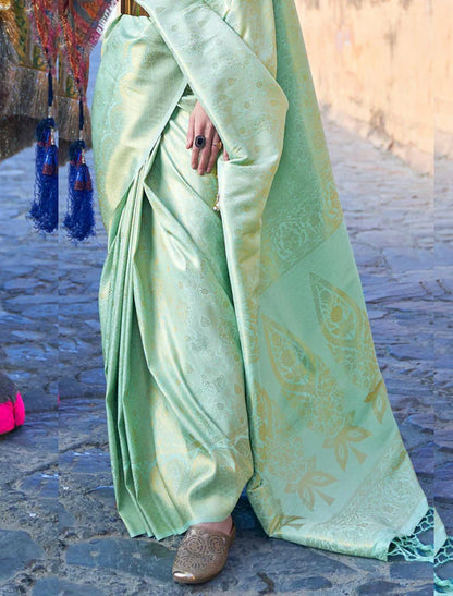 Aditi Pista Royal Traditional Kanjivaram Silk saree WIth Mesmorising Blouse Piece